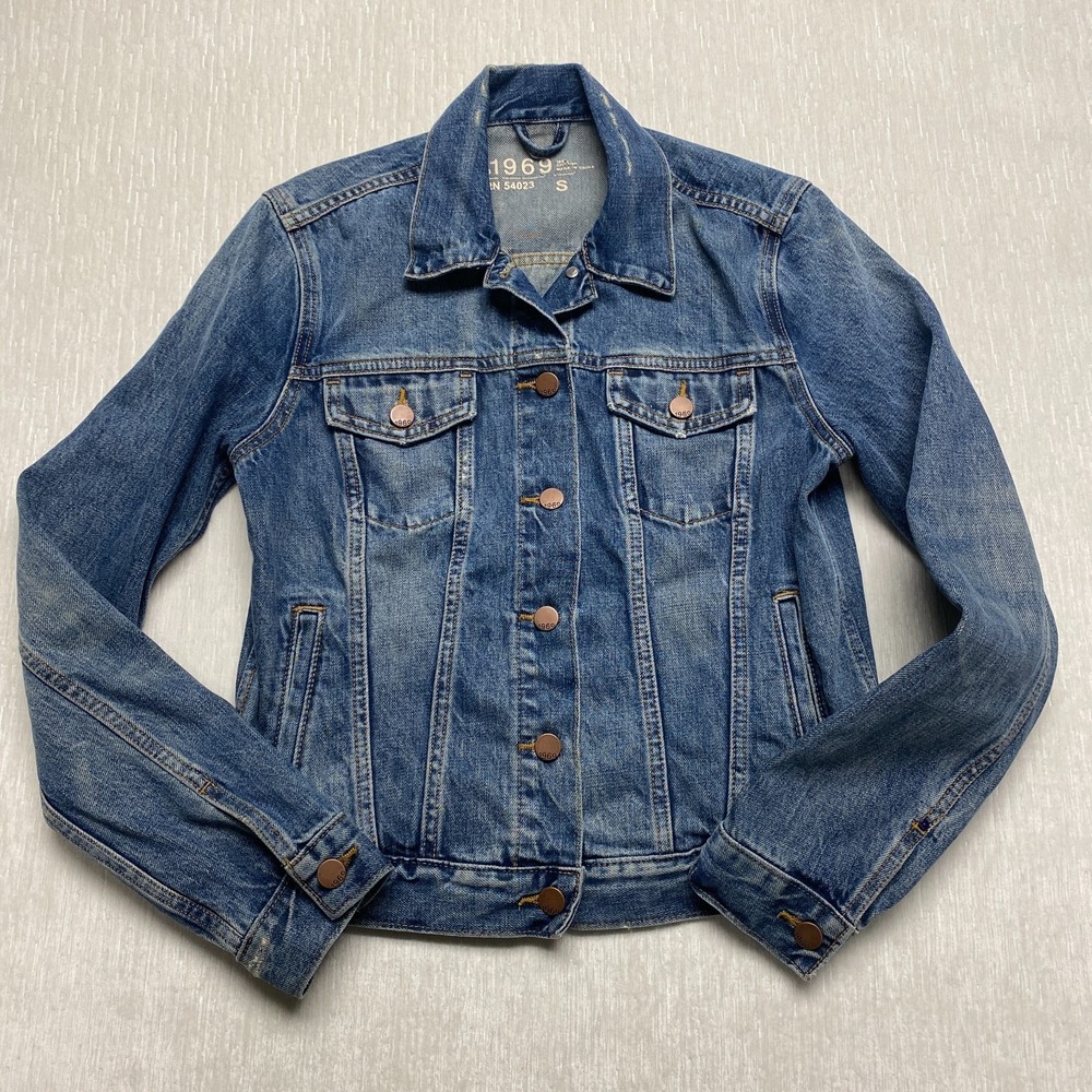 Gap 1969 Trucker Jacket Womens Small Blue Denim Cotton Outdoor Distressed Collar